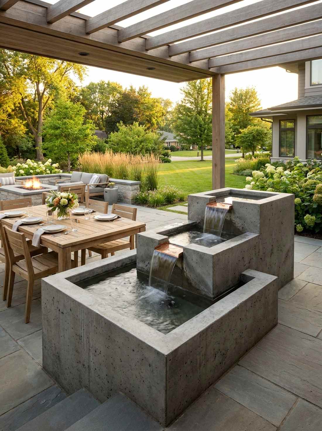 tiered spill fountain with concrete basins