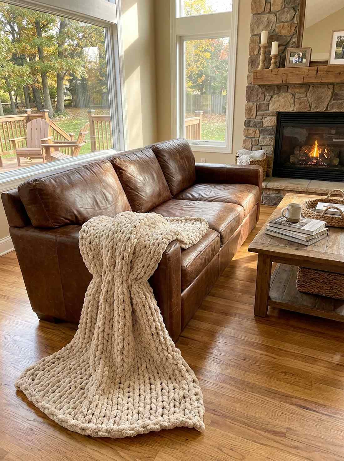 chunky knit throws on leather furniture