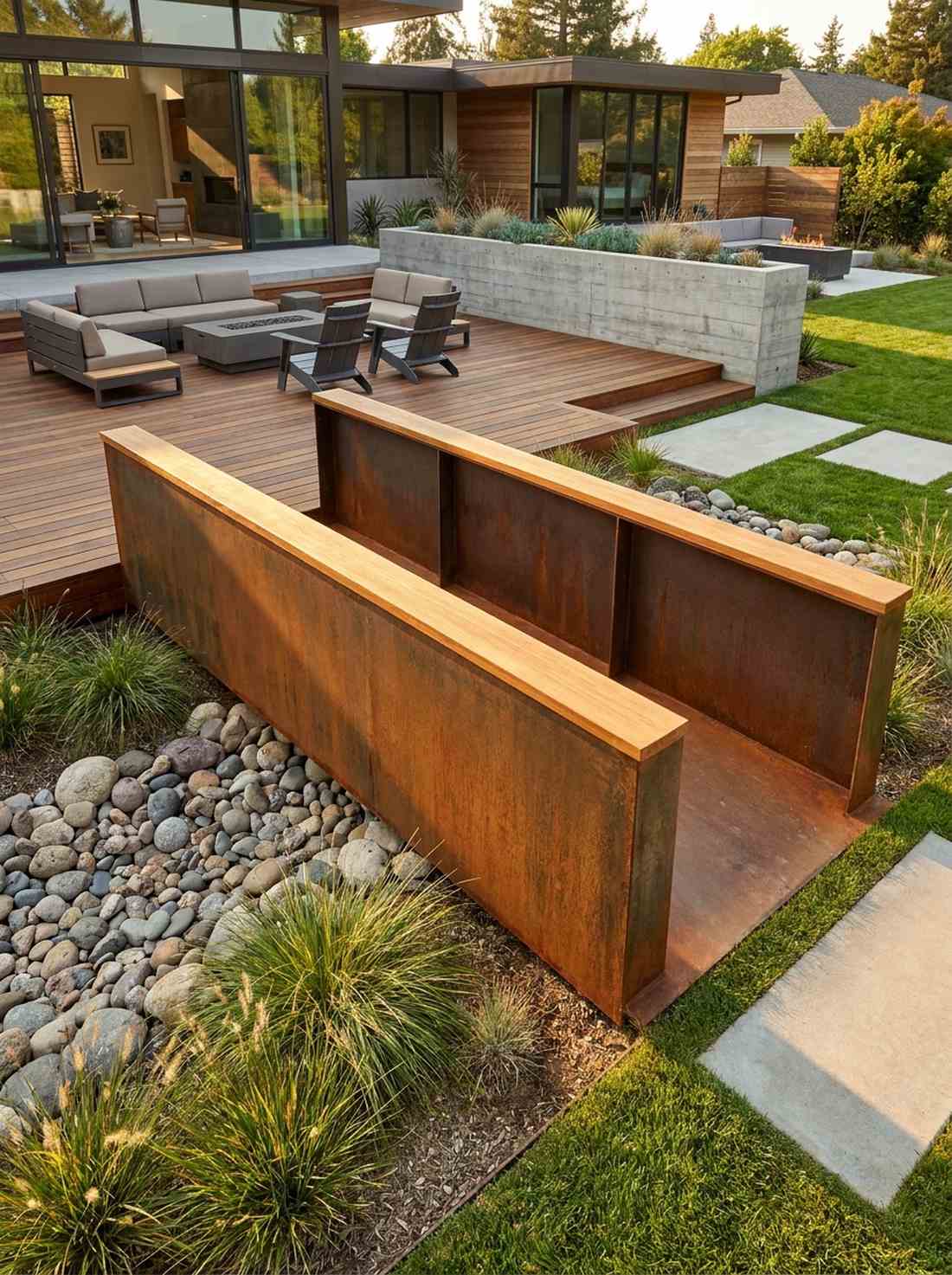 corten steel plate bridge with hardwood cap