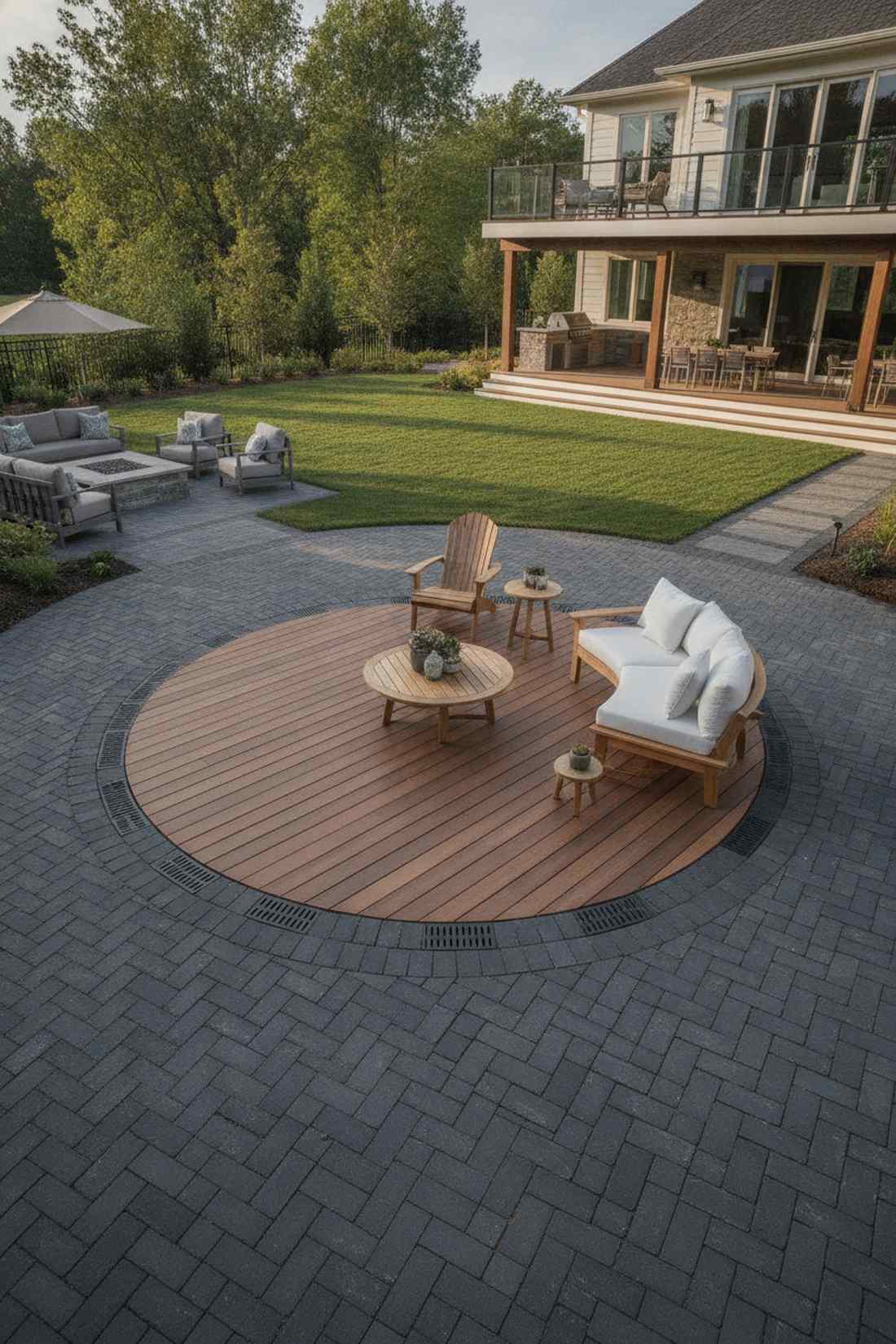 herringbone pavers with deck inset