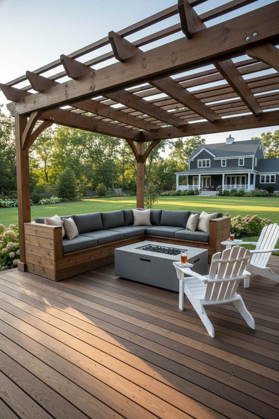 l shaped bench with overhead pergola