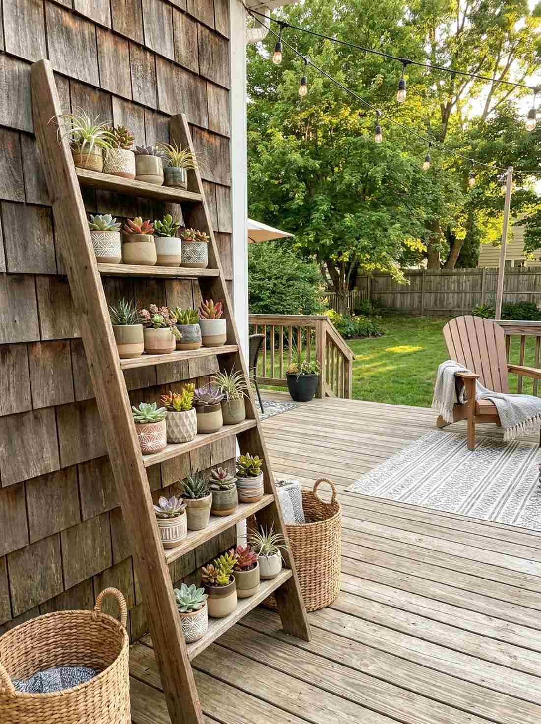 ladder shelf planter with succulents and air plants