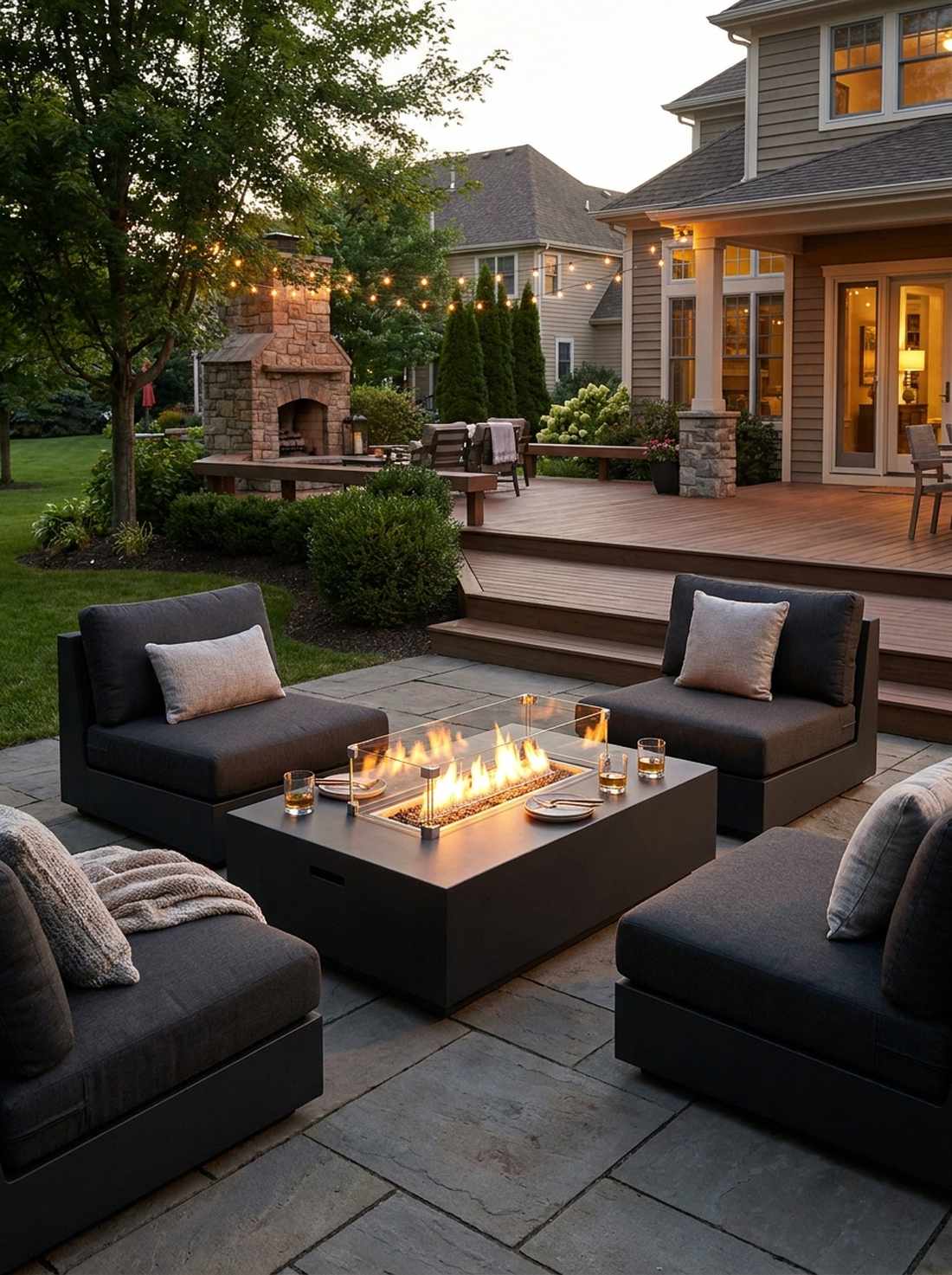 low slung lounge chairs with fire pit table