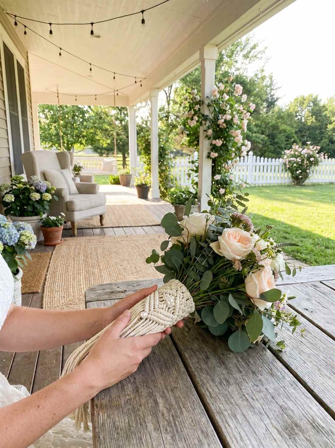 macrame wrapped bouquet handles
