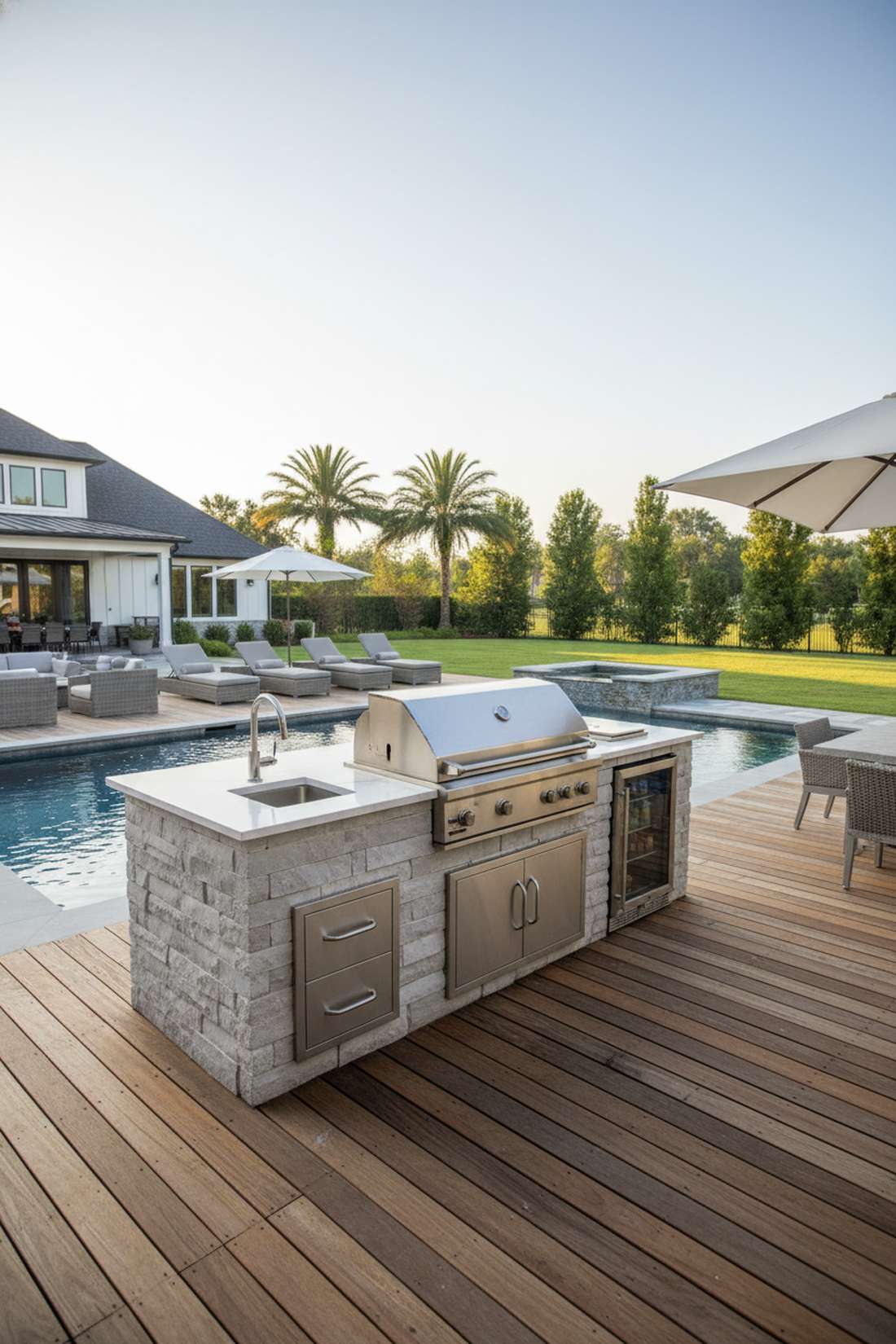 outdoor kitchen adjacent to pool deck