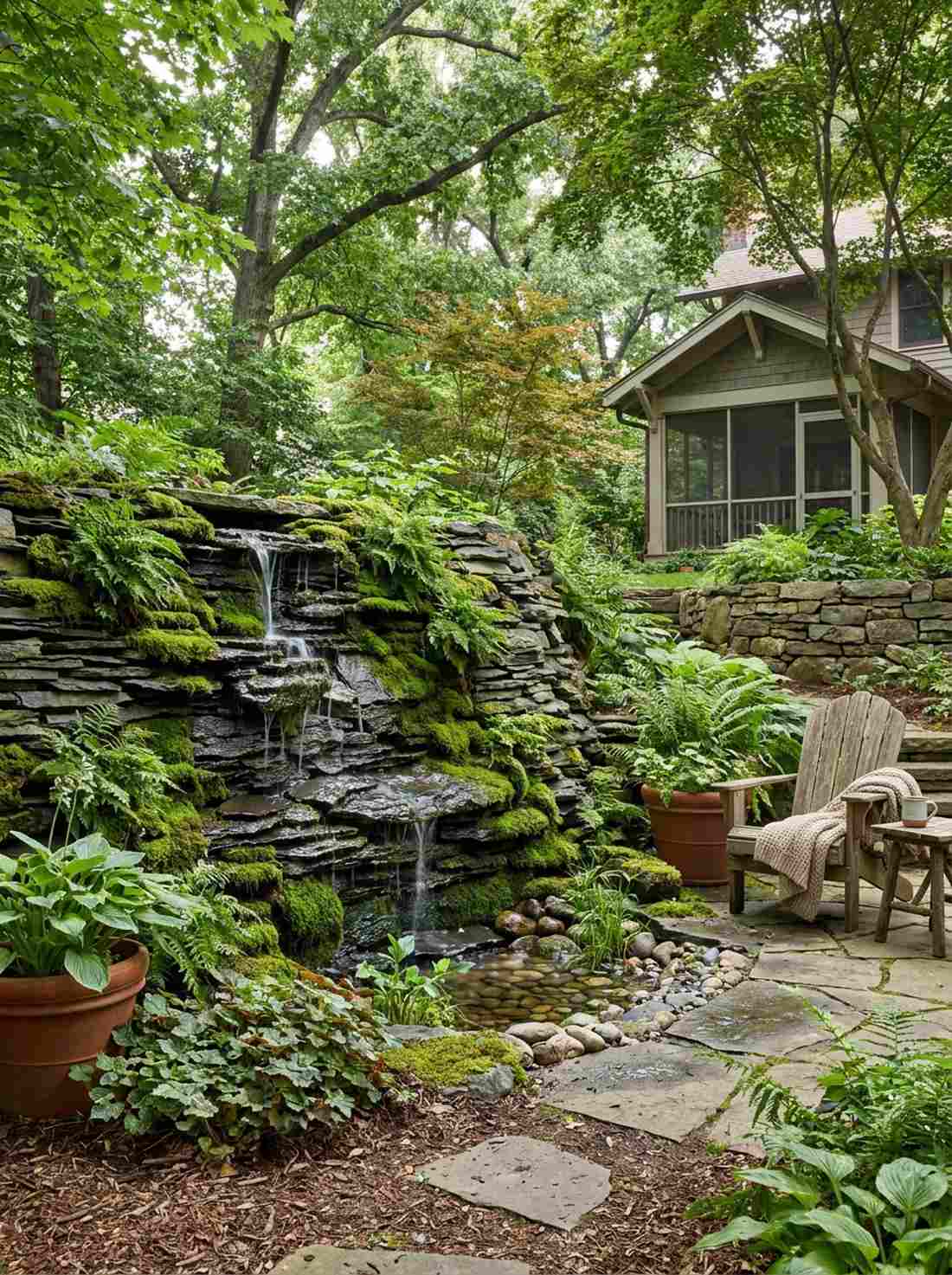 slate ledge waterfall with moss accents