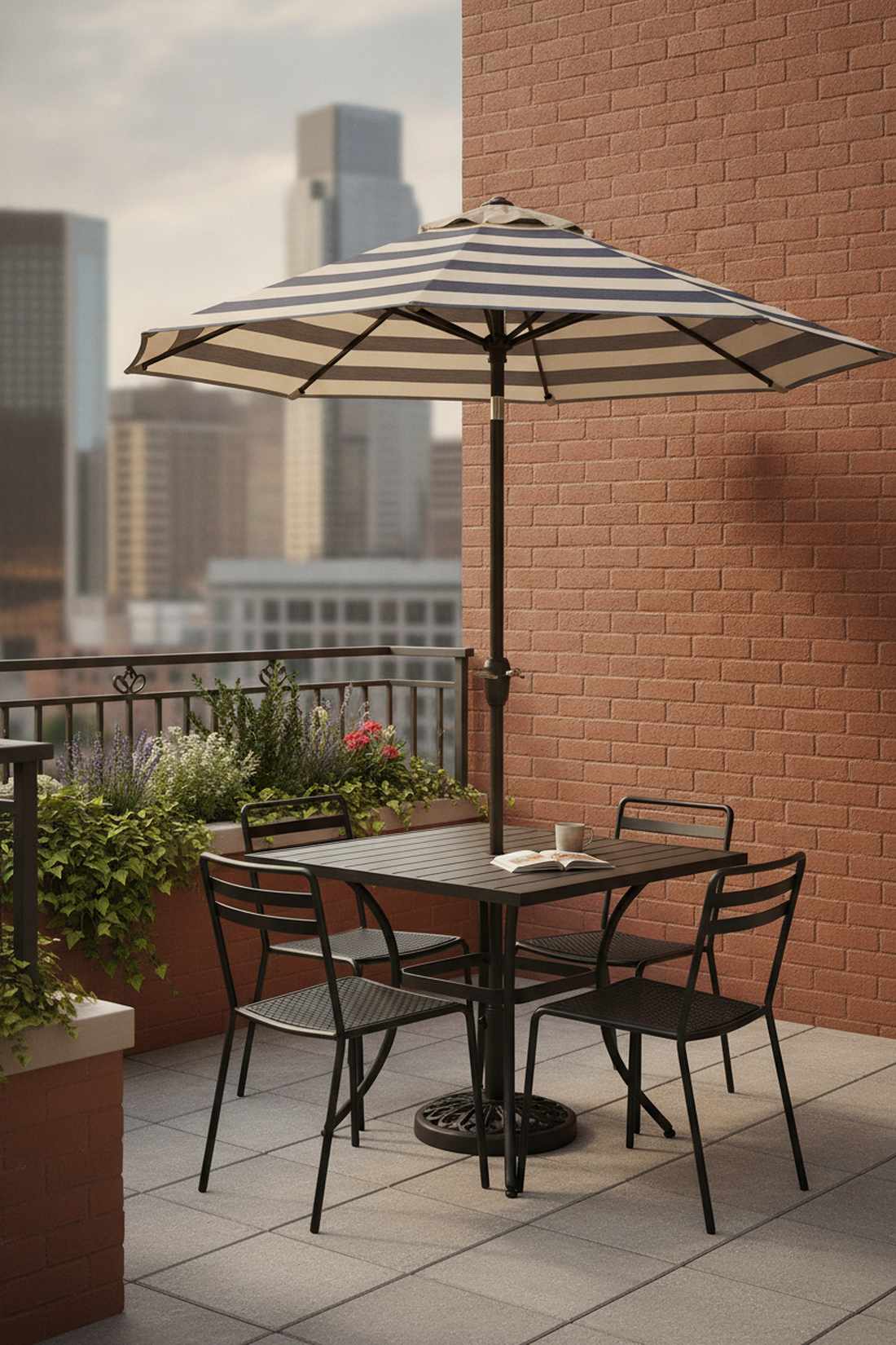 square table for four with umbrella