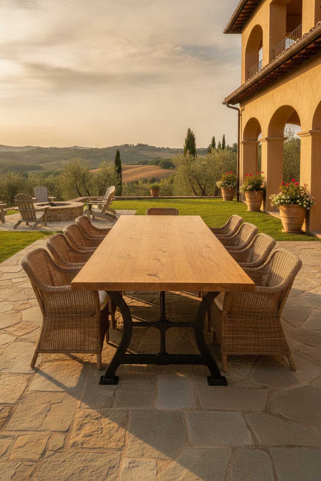 teak top iron base dining table