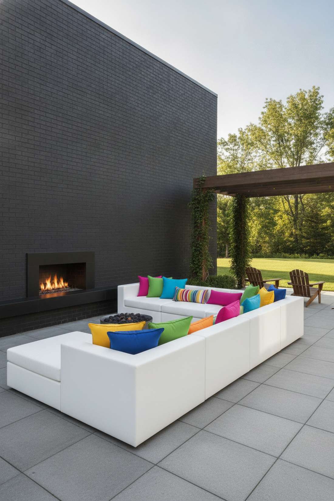 white lounge seating with colorful throw pillows