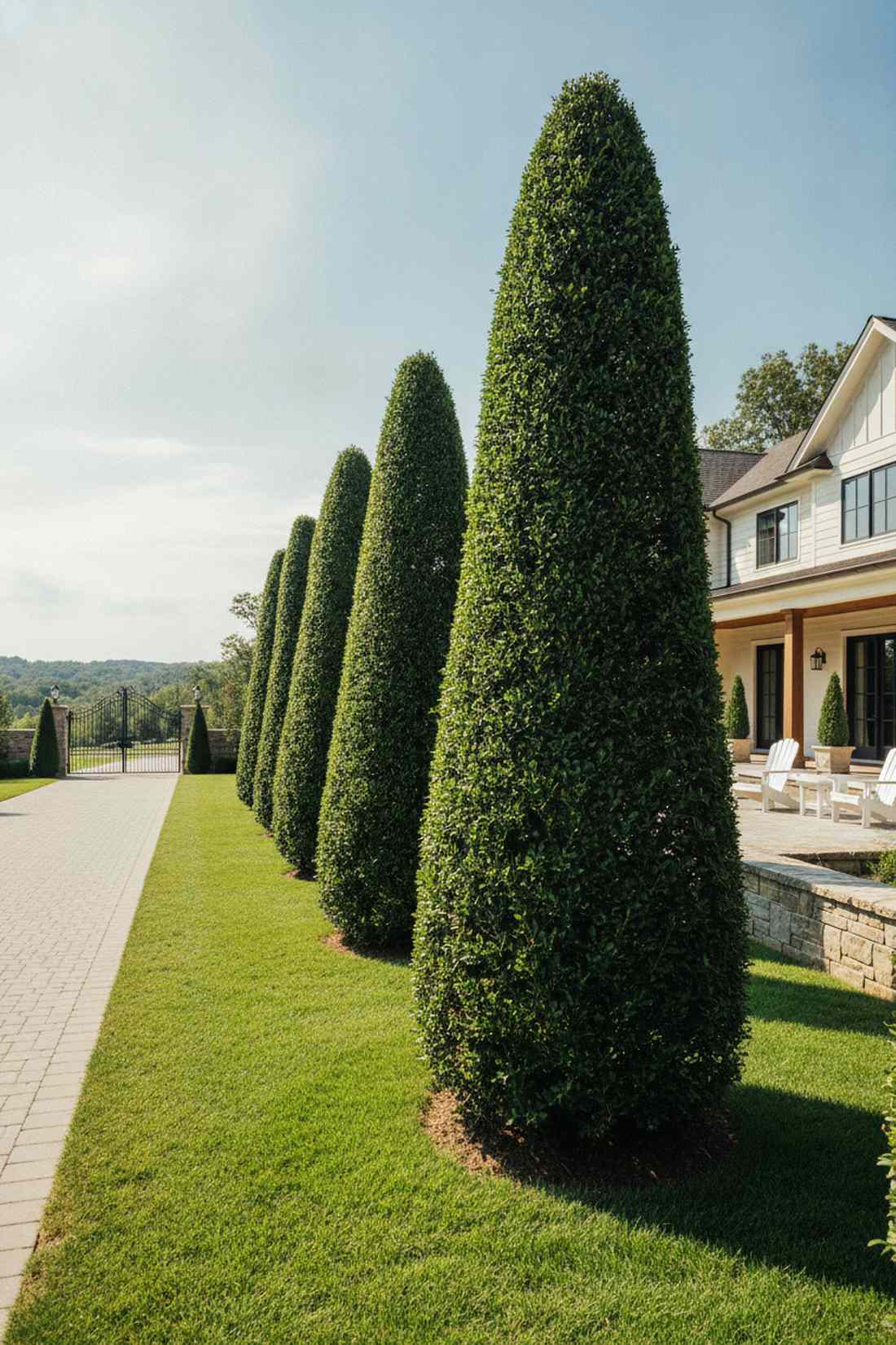 clipped evergreen topiary cones