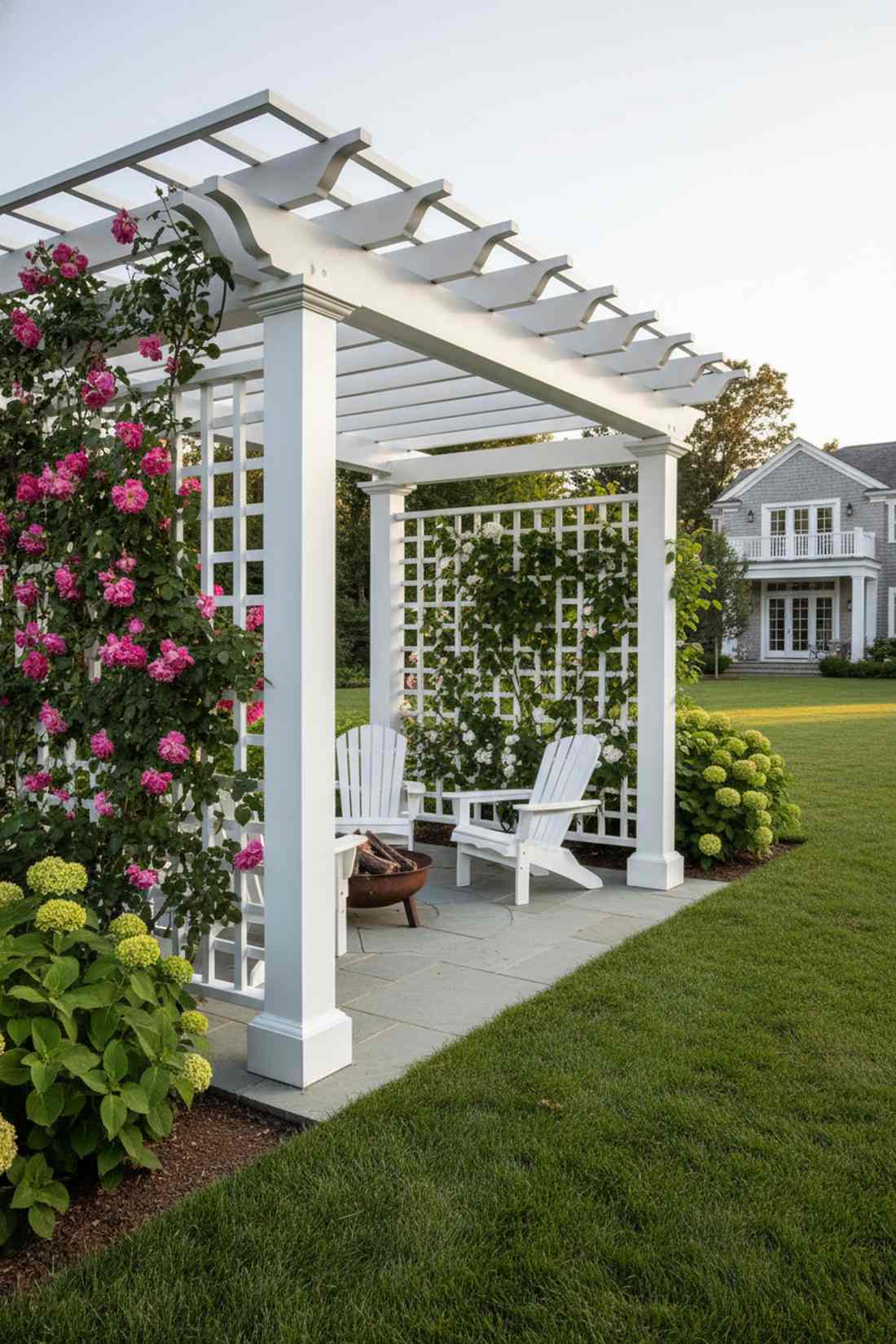 cottage garden white painted pergola