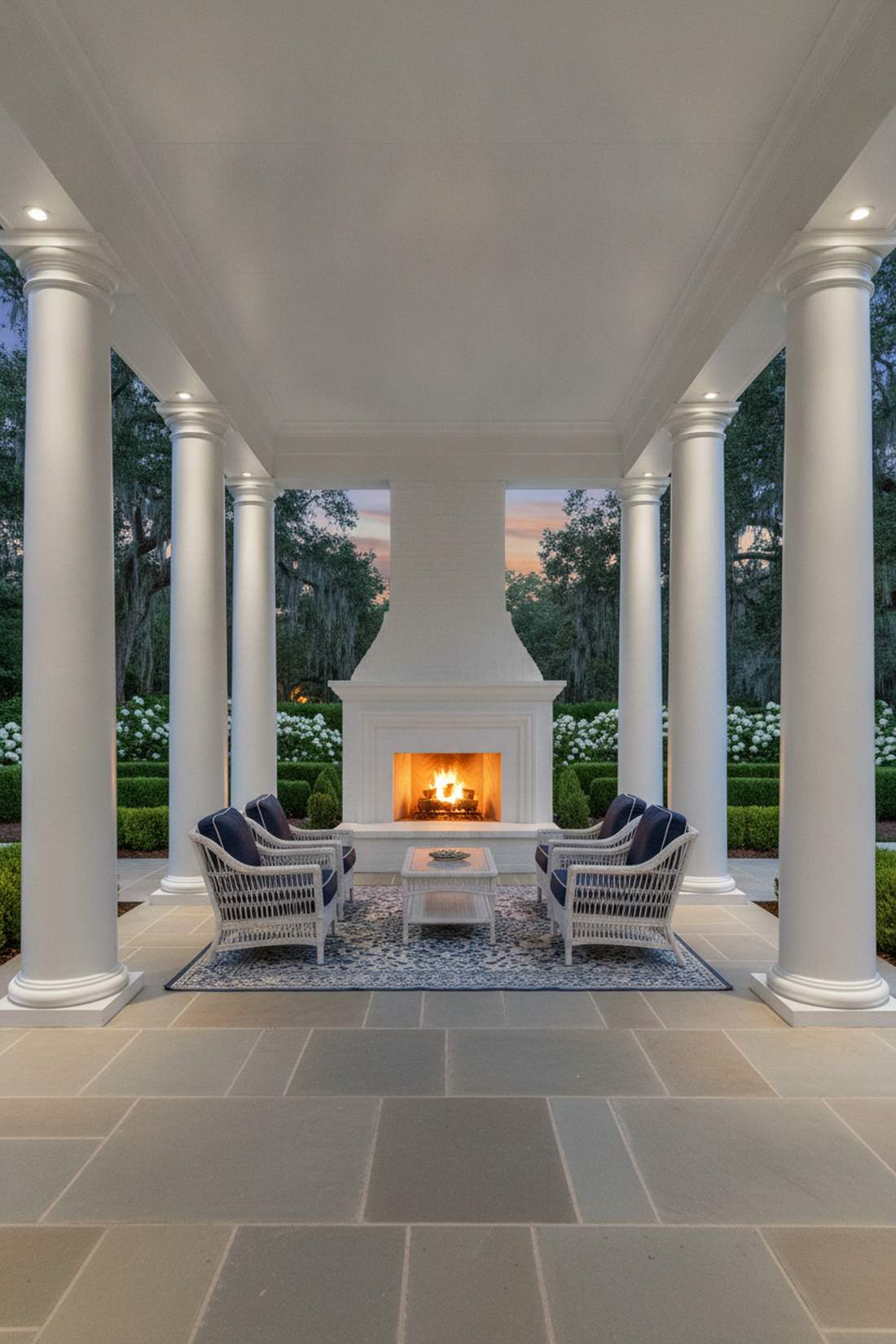 covered patio with white pillars and central fireplace