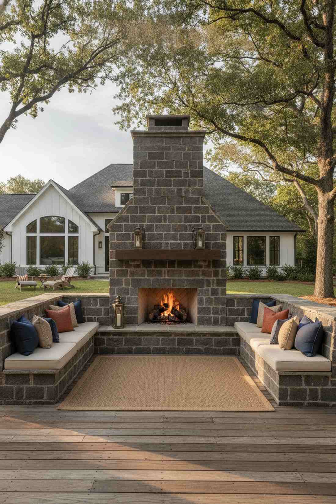 fireplace with built in bench flanking