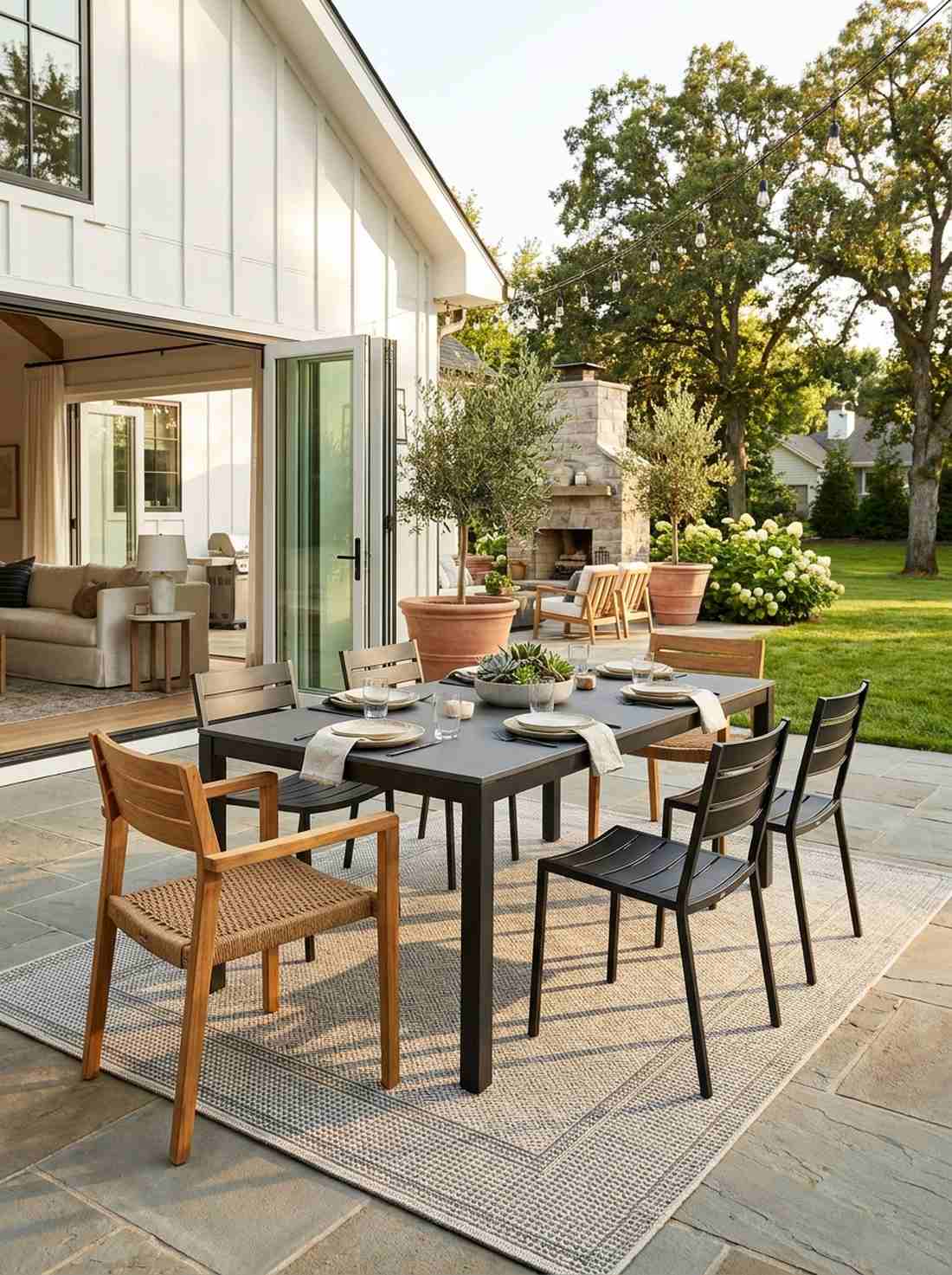 mixed material chairs around minimalist table