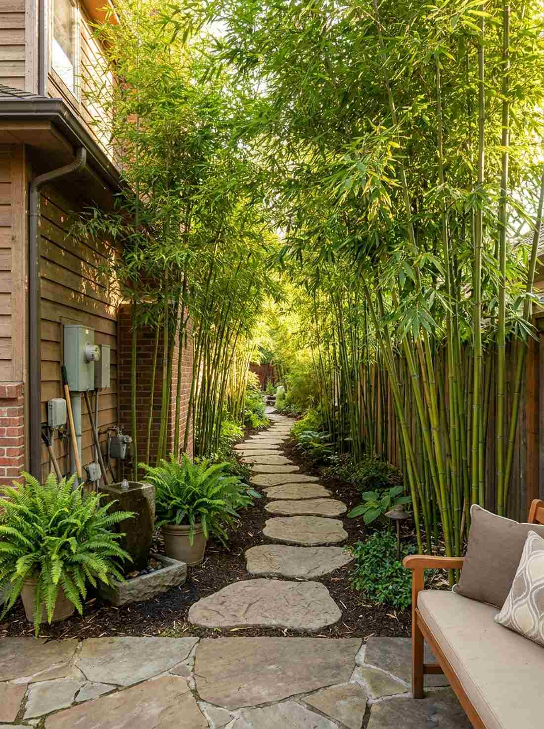 narrow side yard with bamboo path
