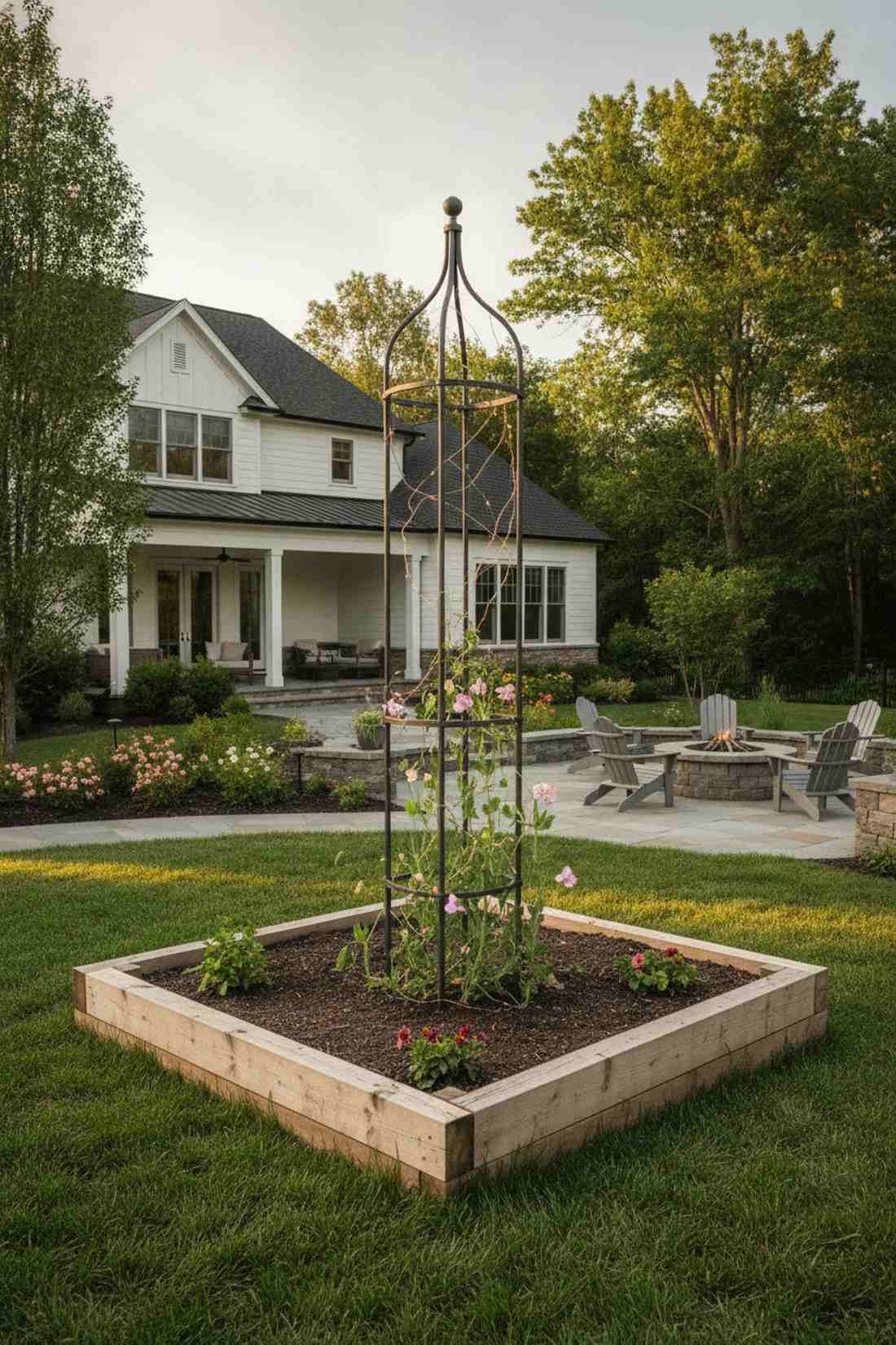 raised bed with obelisk centerpiece
