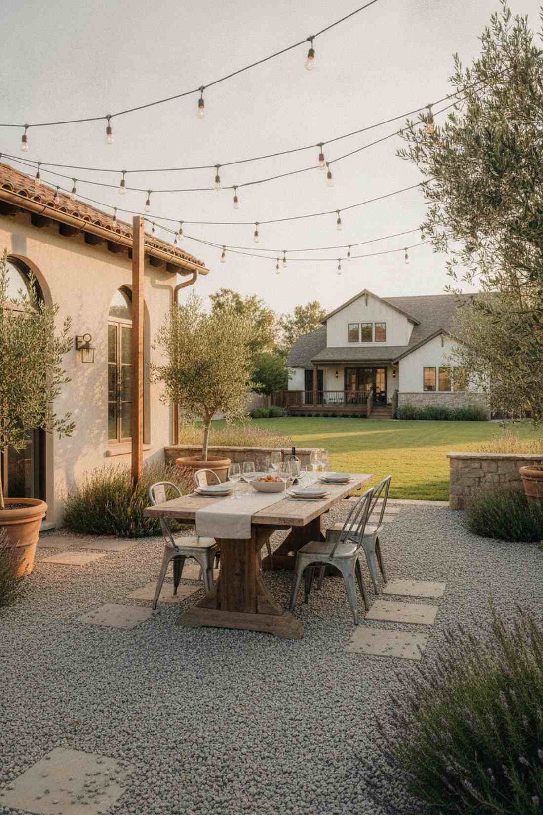 trestle table on gravel courtyard