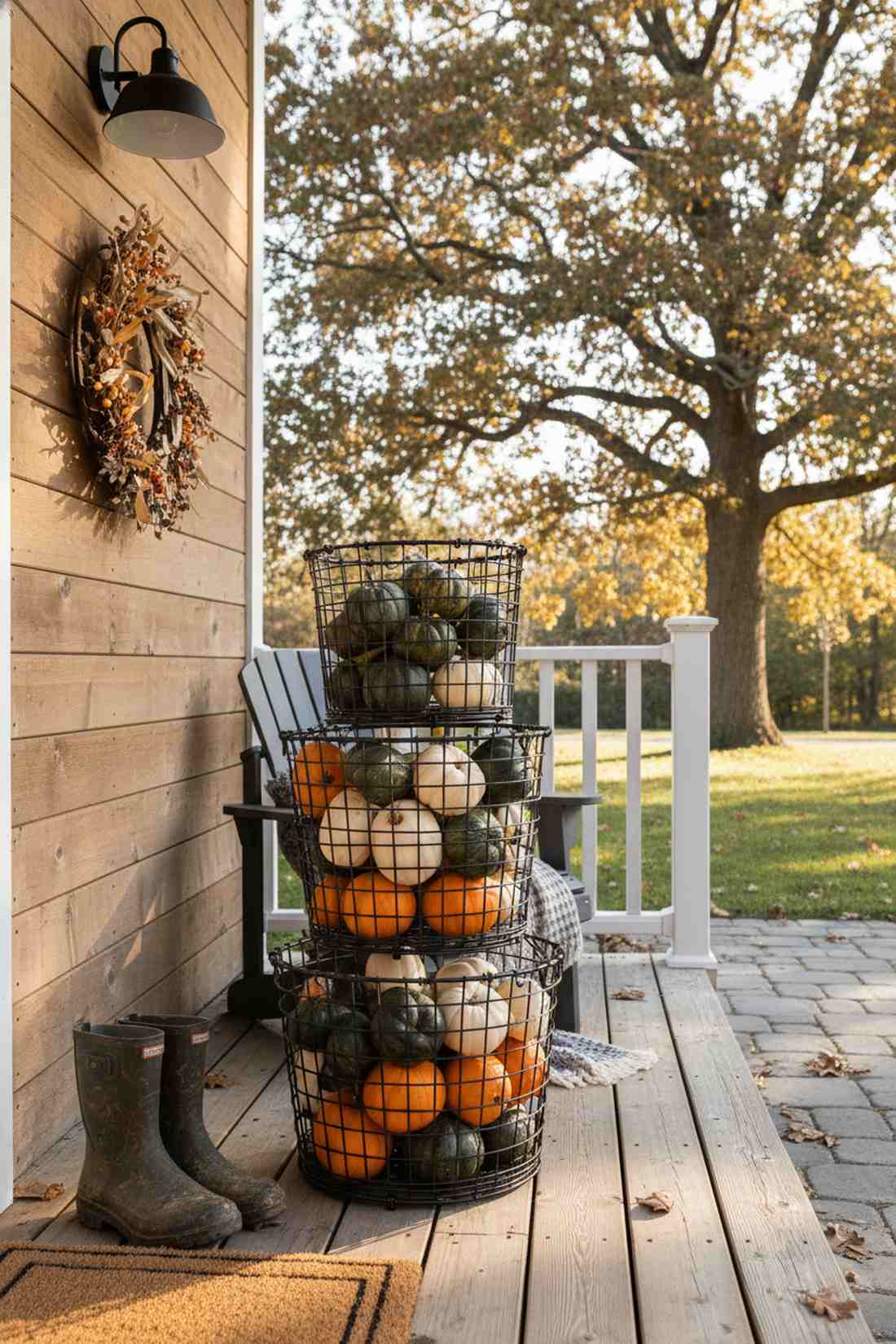 wire basket pumpkin stacks