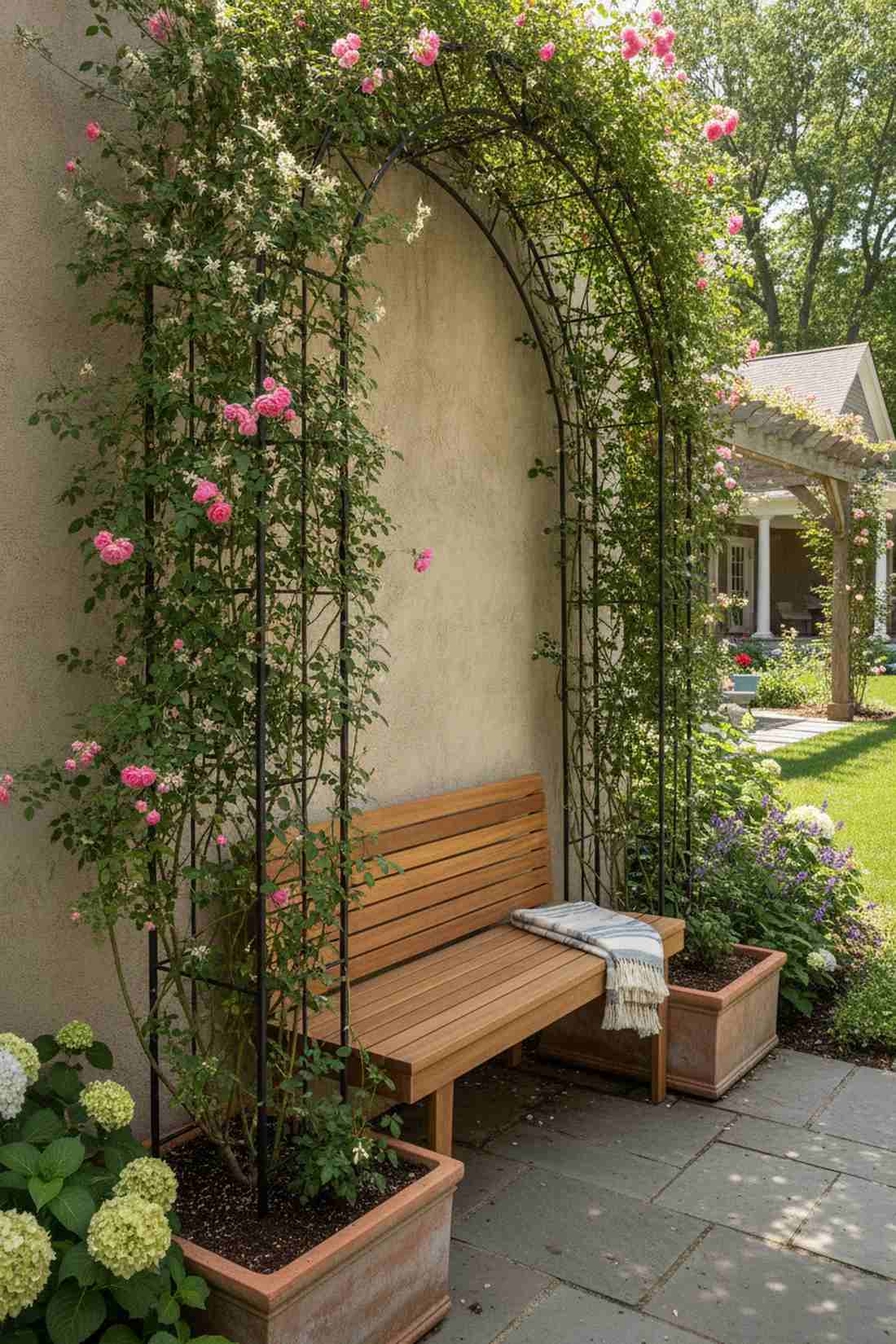 iron trellis teak bench combination