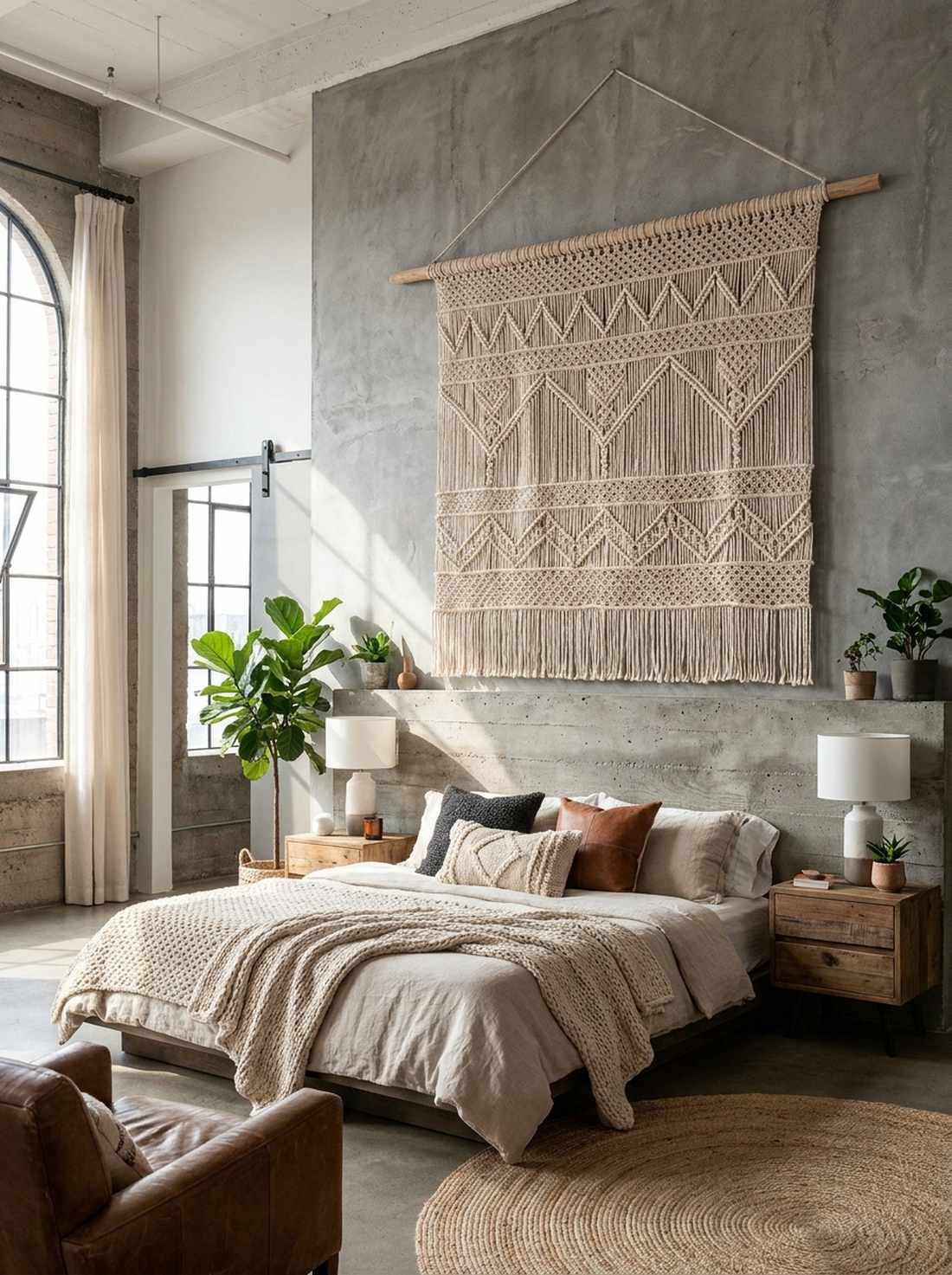 macrame wall hangings on concrete