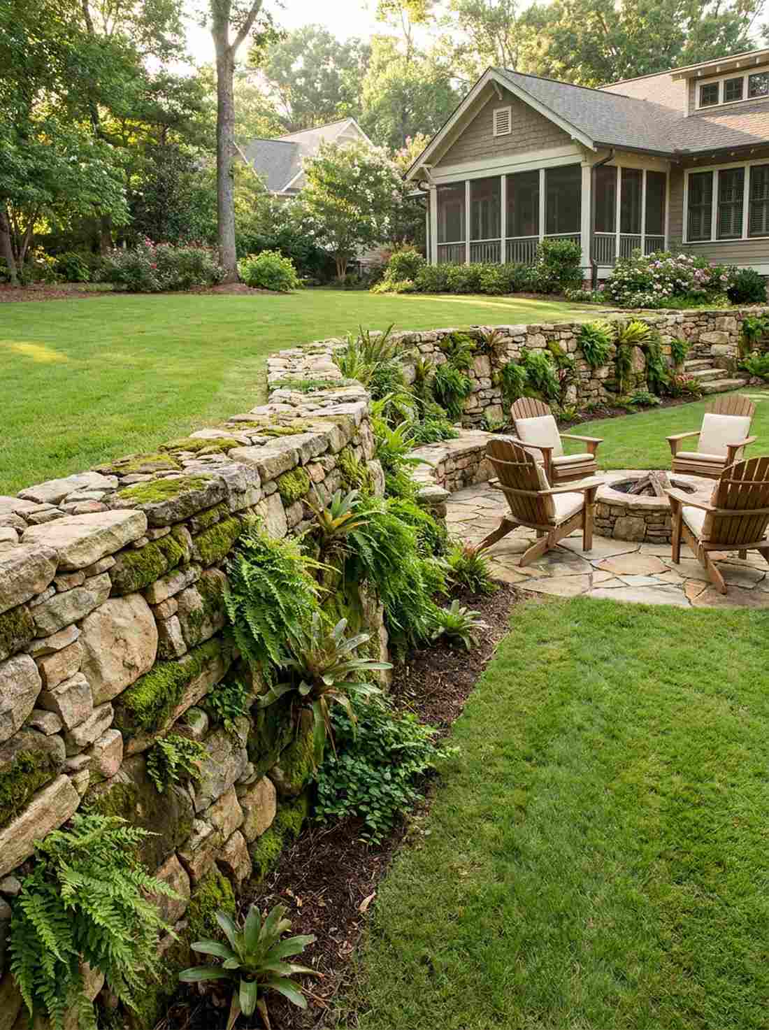 natural stone retaining walls with planted crevices