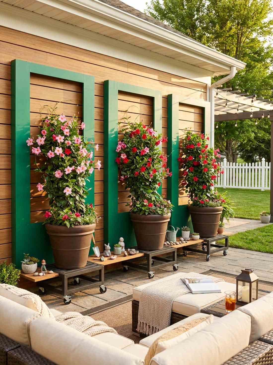 painted panels with potted climbers