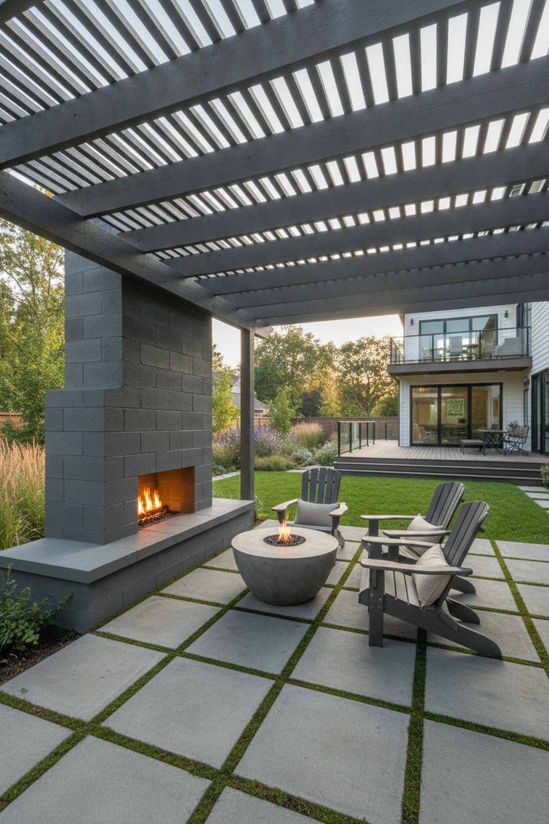 slat roof pergola with modern fireplace wall