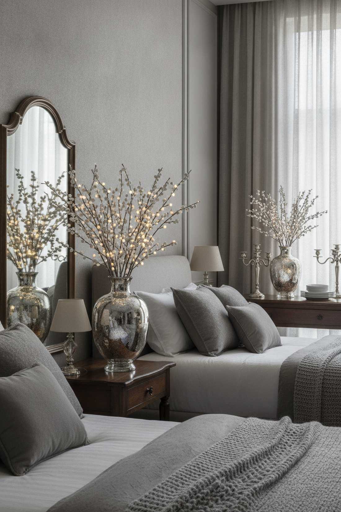 snowberry branches in mercury glass
