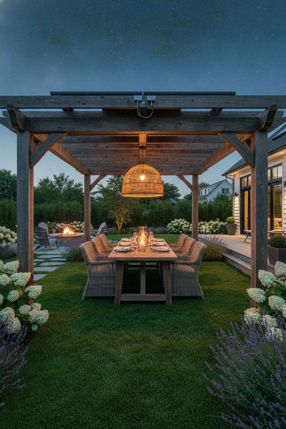 dining pergola with hanging chandelier