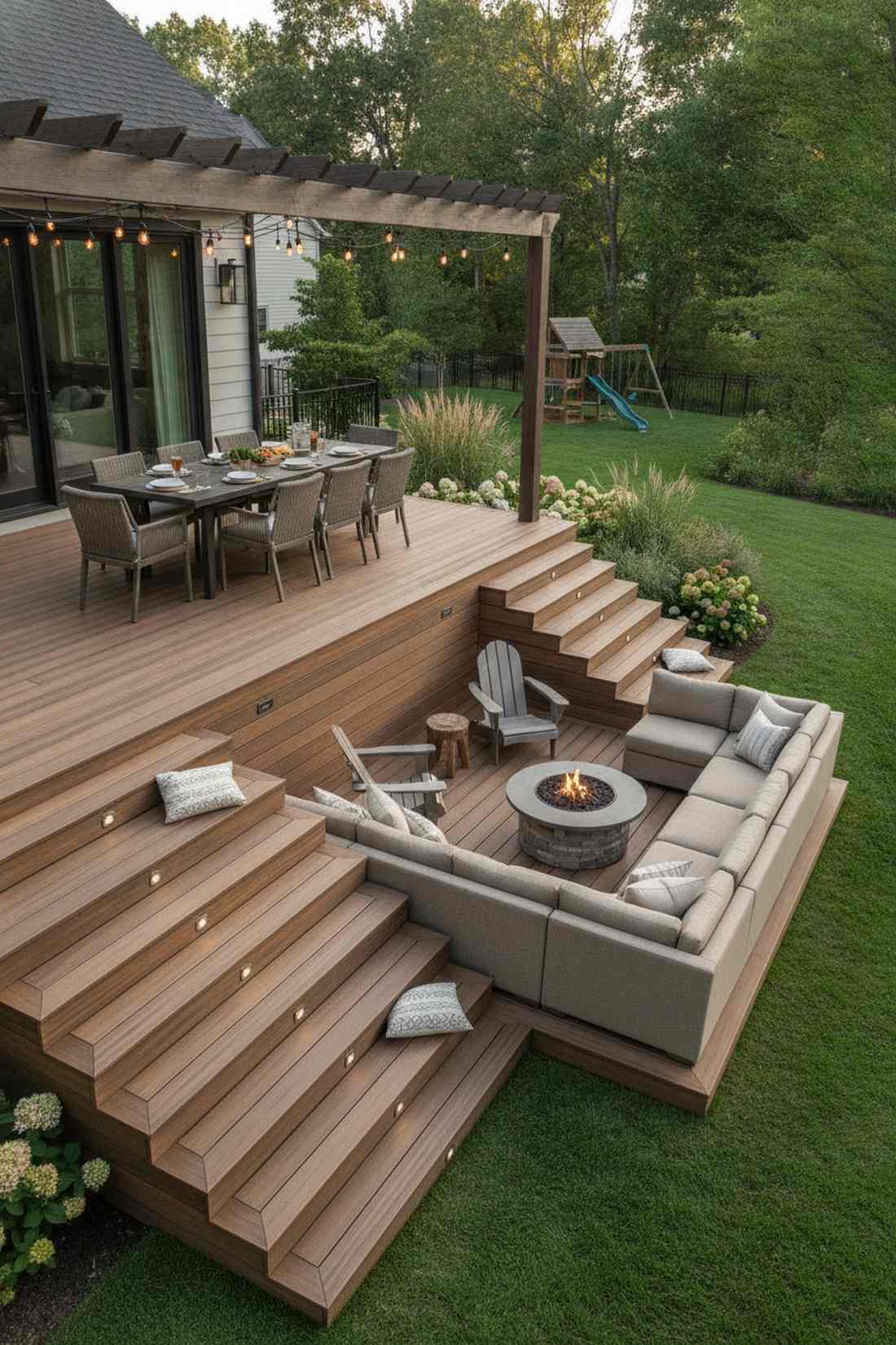 dual level deck with dining above lounge below