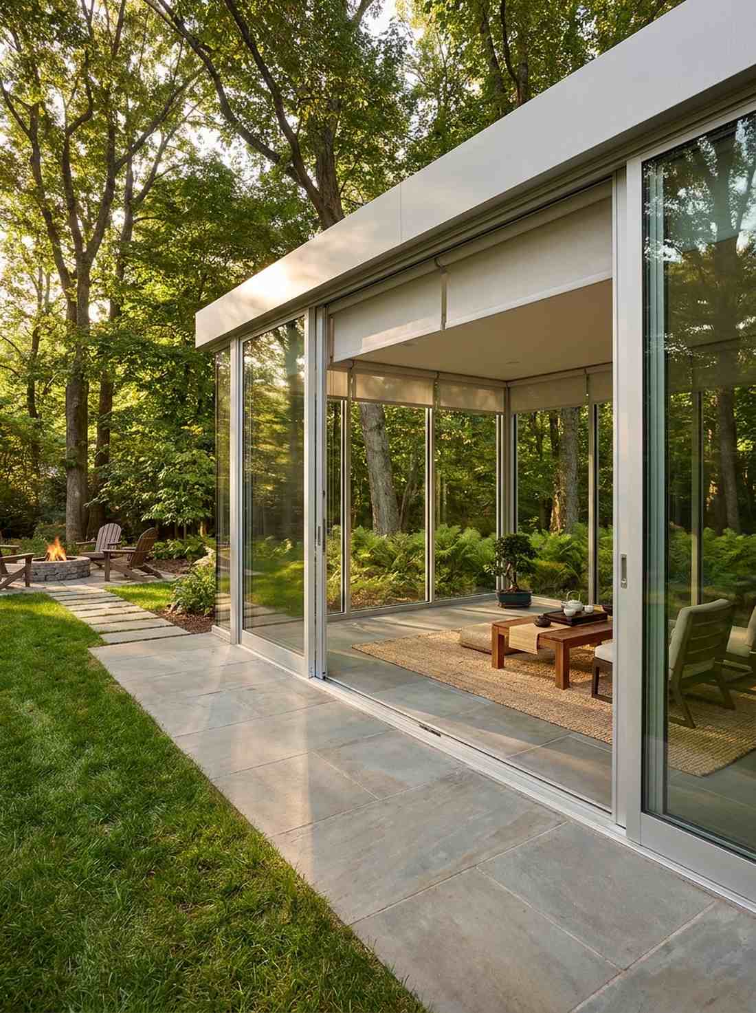 glass walled minimalist tea pavilion