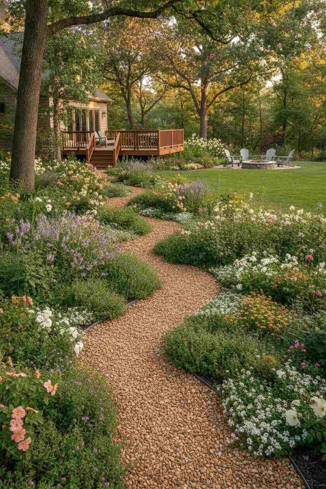 meandering pebble path with plant overflow