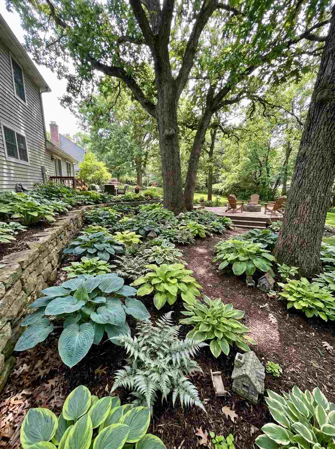 shade garden with ferns and hostas