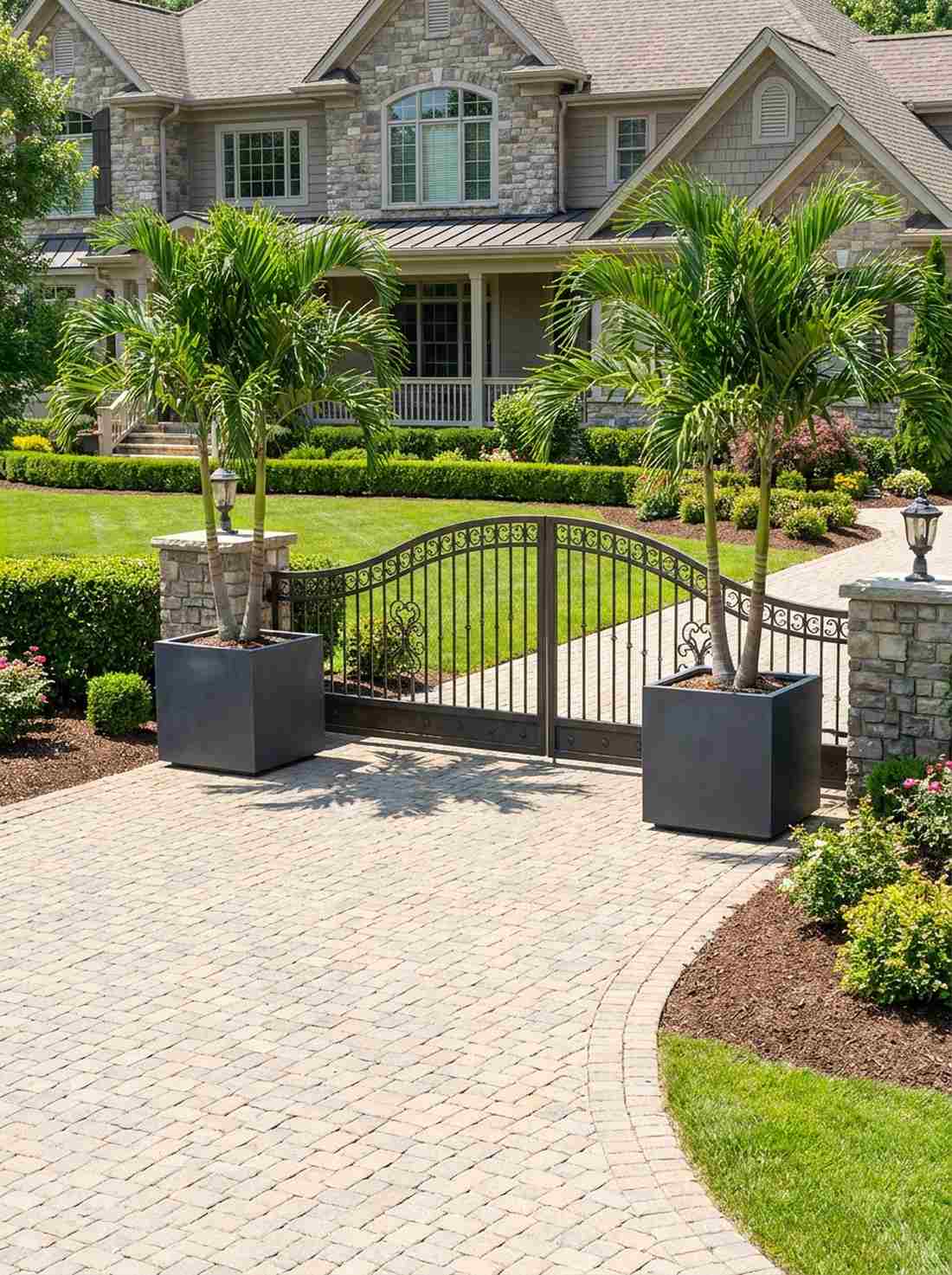 symmetrical palm sentries at entry gate
