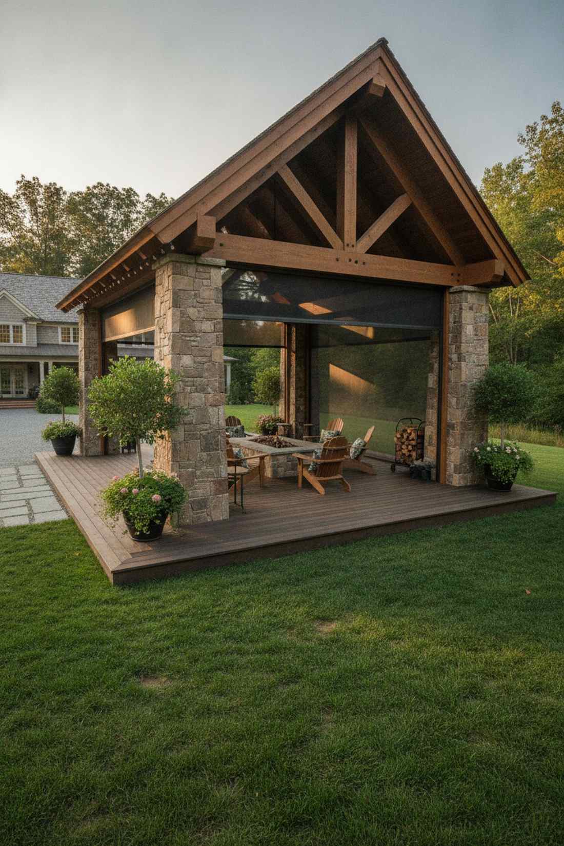 timber frame pavilion with stone columns