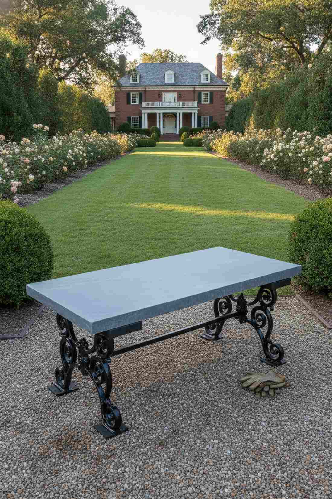 wrought iron scroll bench with stone seat