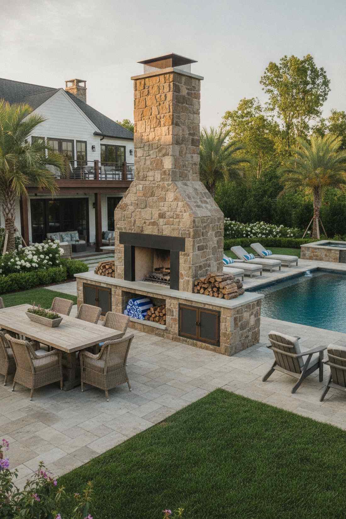 back to back fireplace serving patio and pool deck