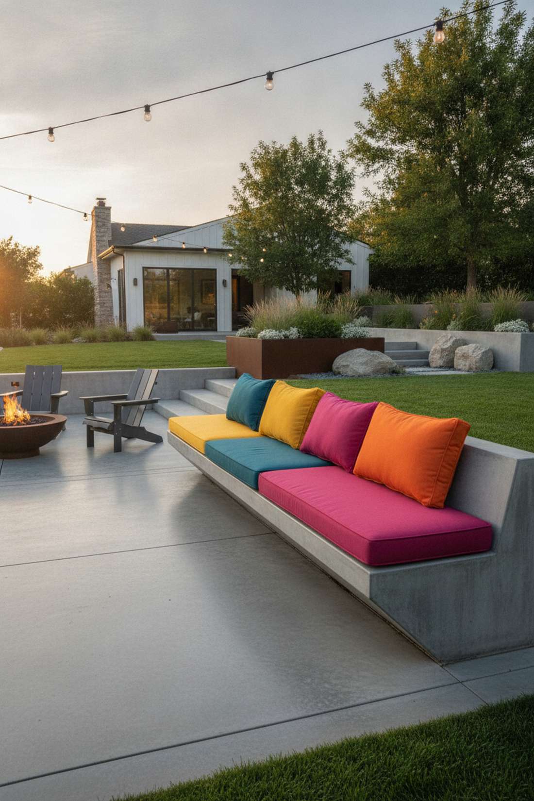 concrete bench with colorful cushions