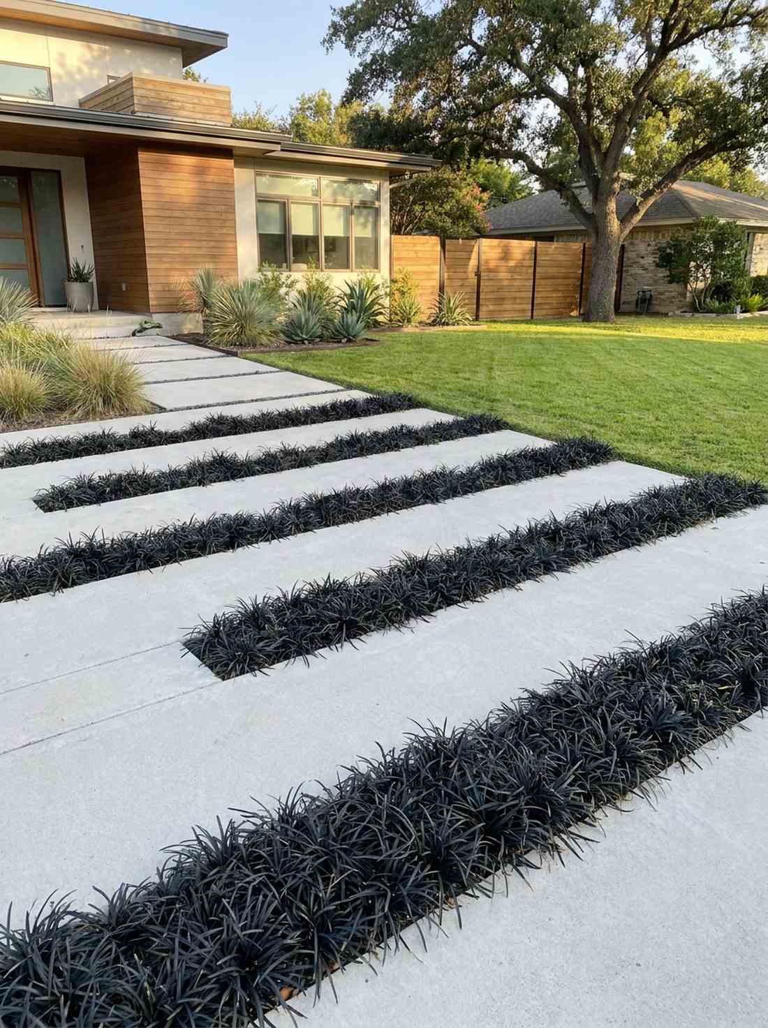 concrete ribbon walkway with mondo grass strips