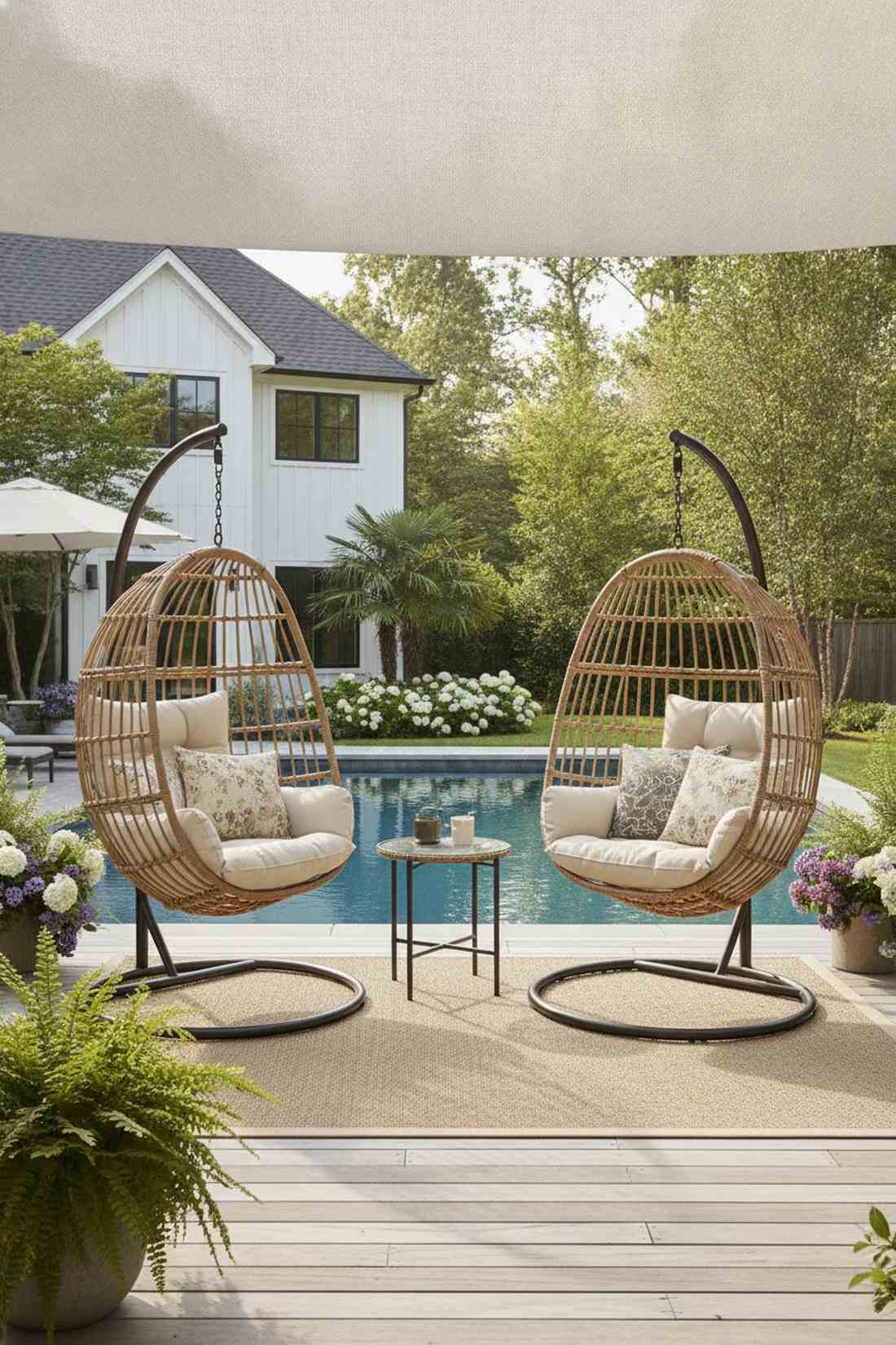 egg chair duo with shared table
