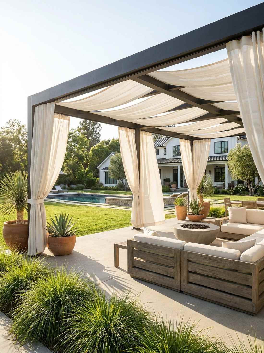 metal pergola with flowing drapes