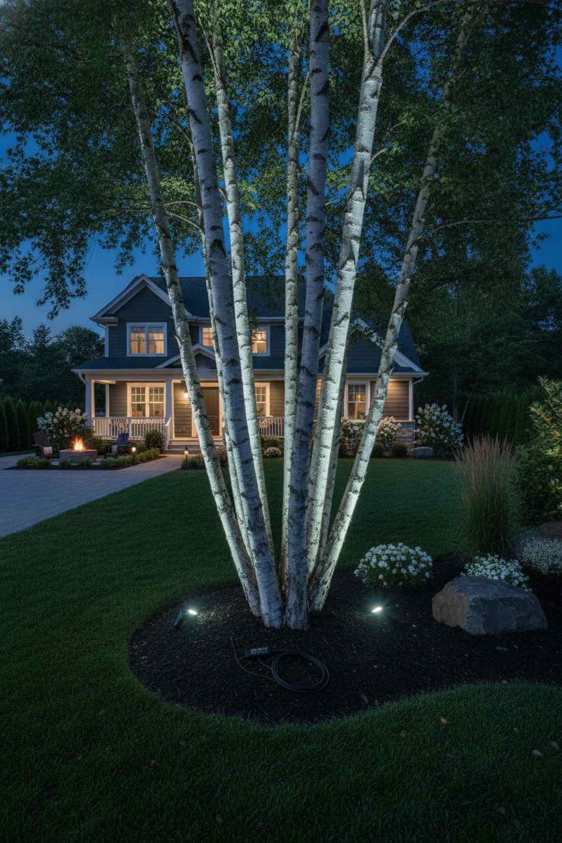 multi trunk birch illumination