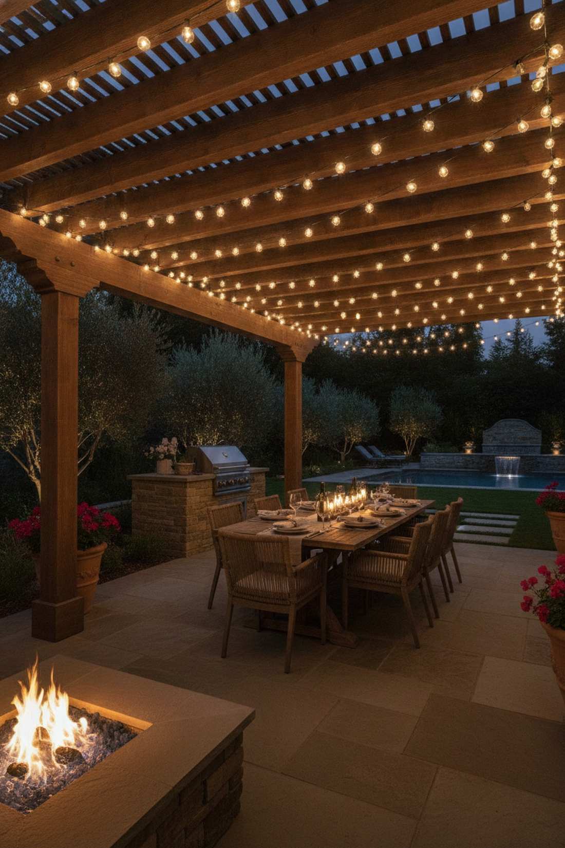 pergola draped bistro lights