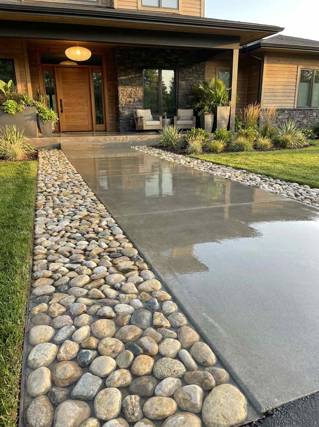 polished concrete with river rocks