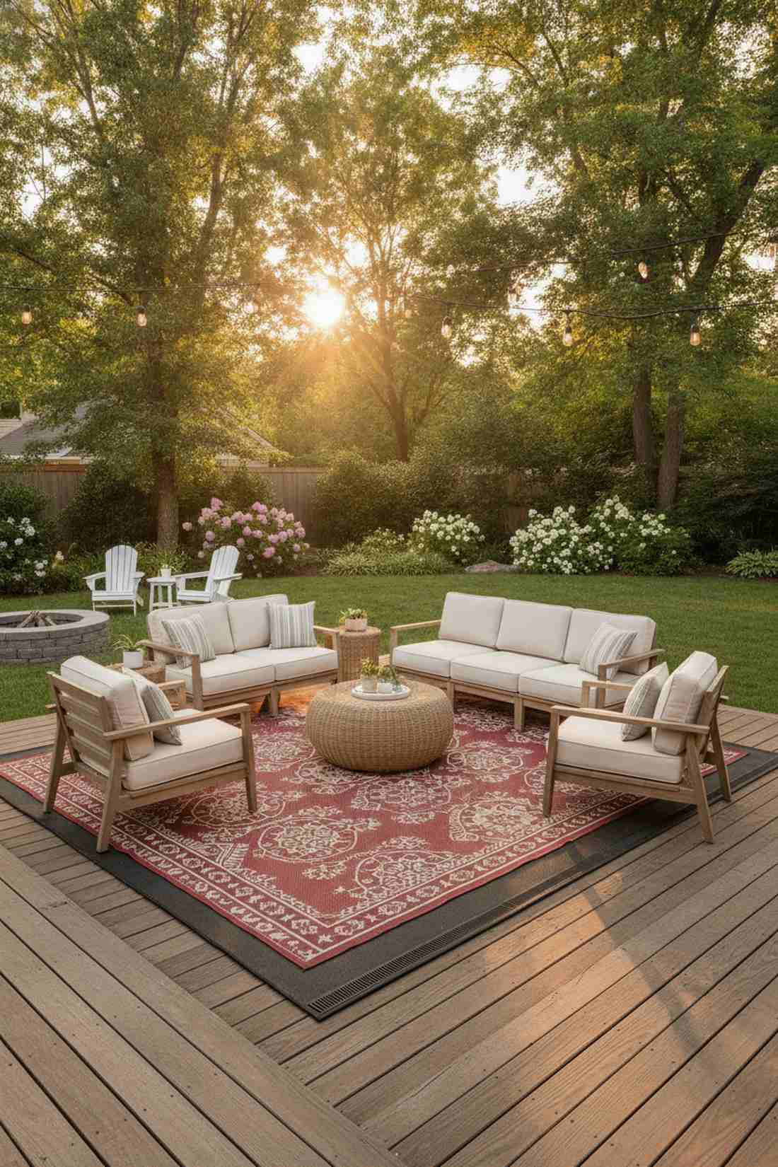 red outdoor rug under neutral furniture