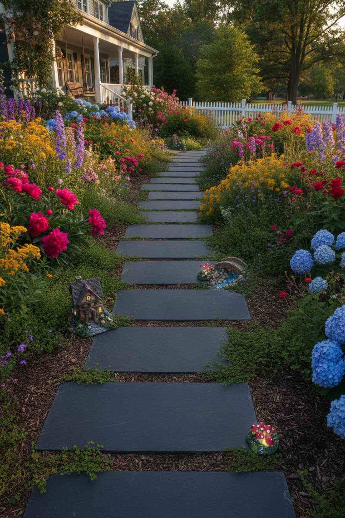 slate stepping stones through flowering borders