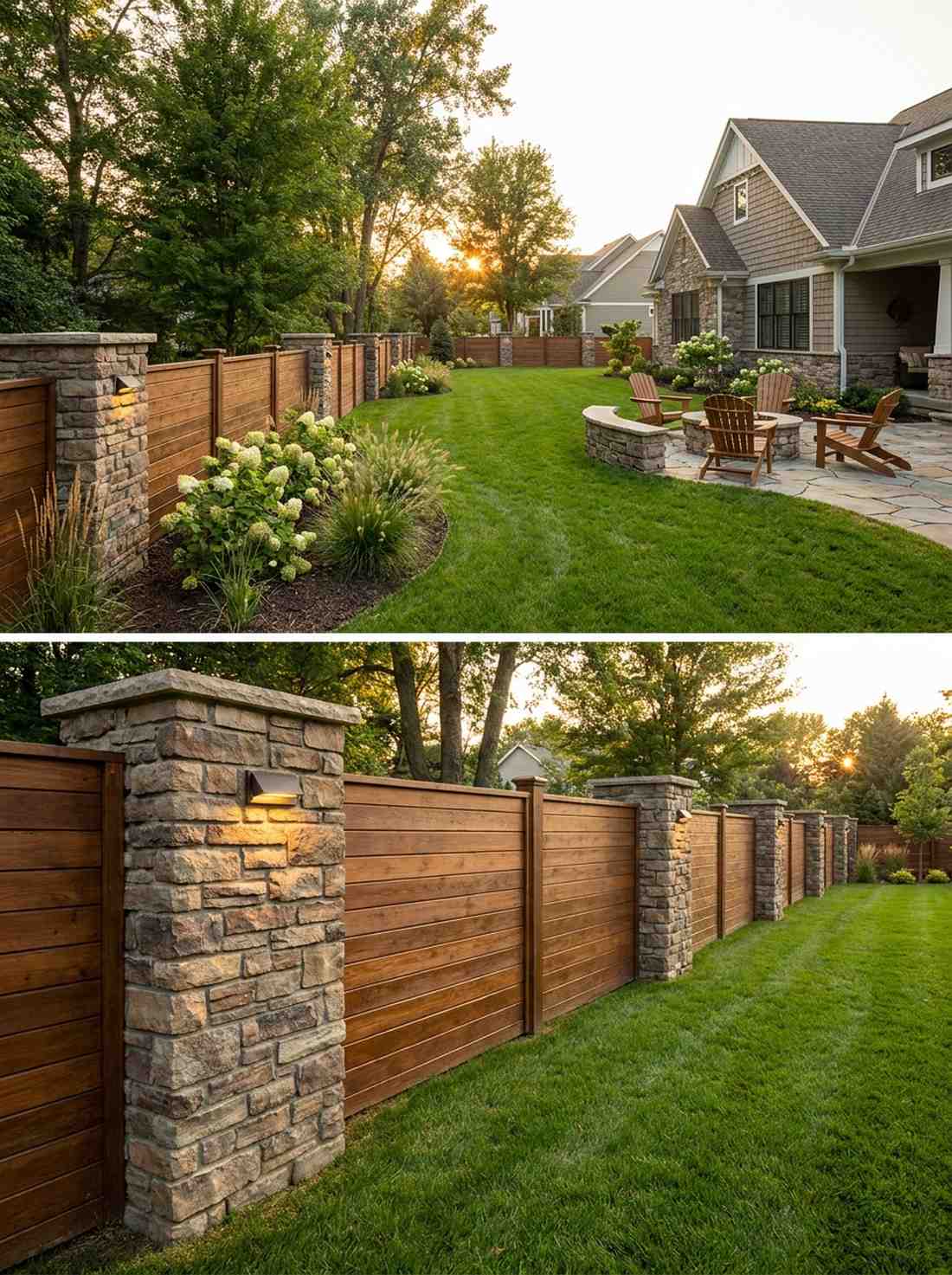 stone pillar wood panel fence