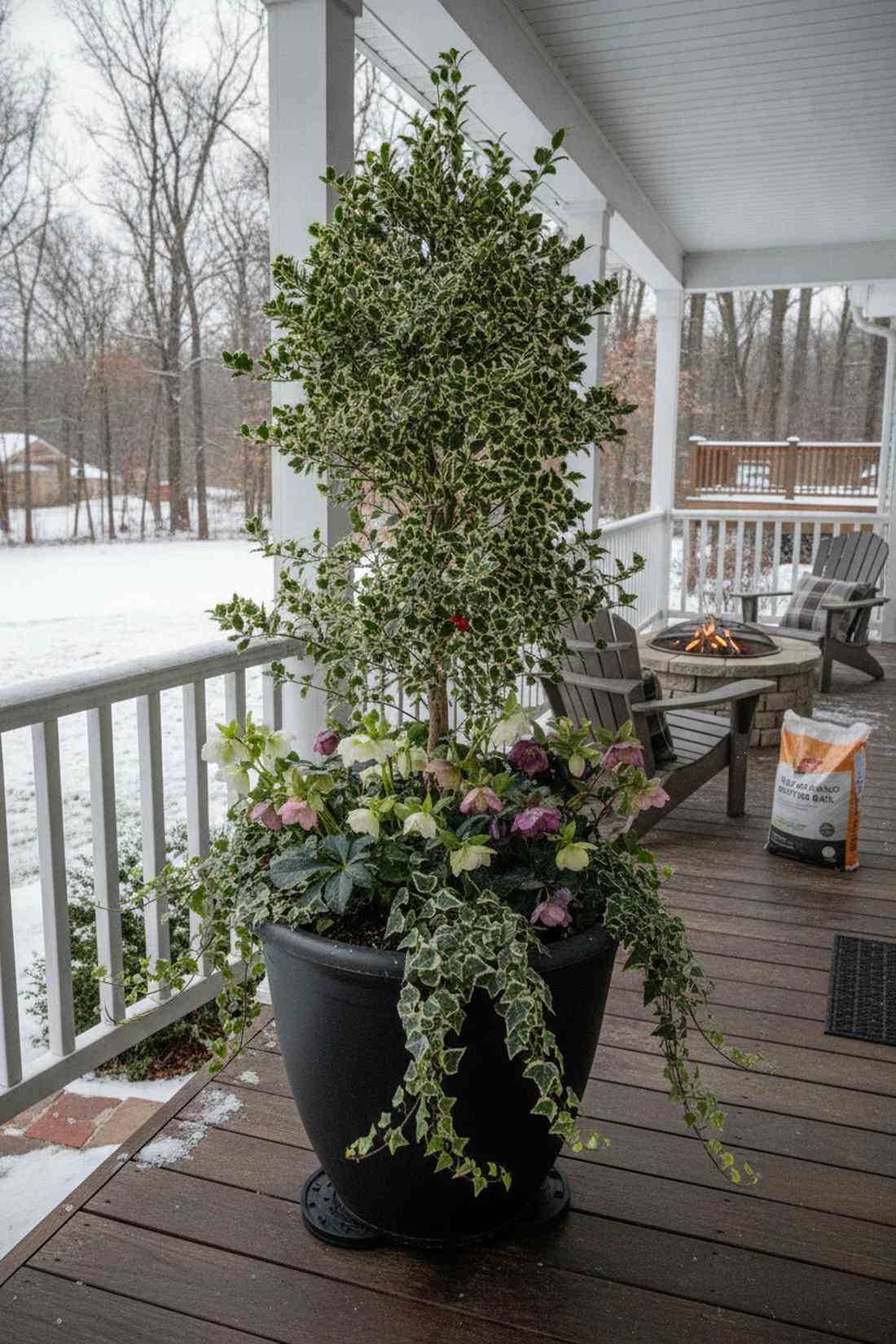 variegated holly and hellebore planter