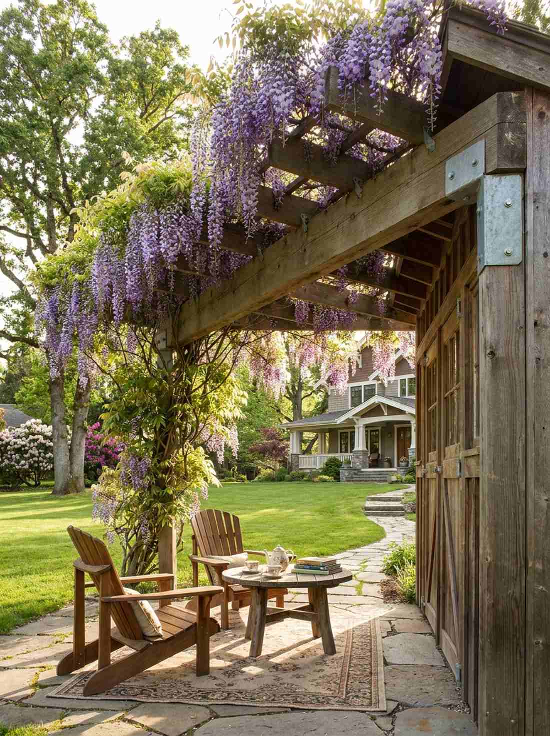 wisteria draped tea house
