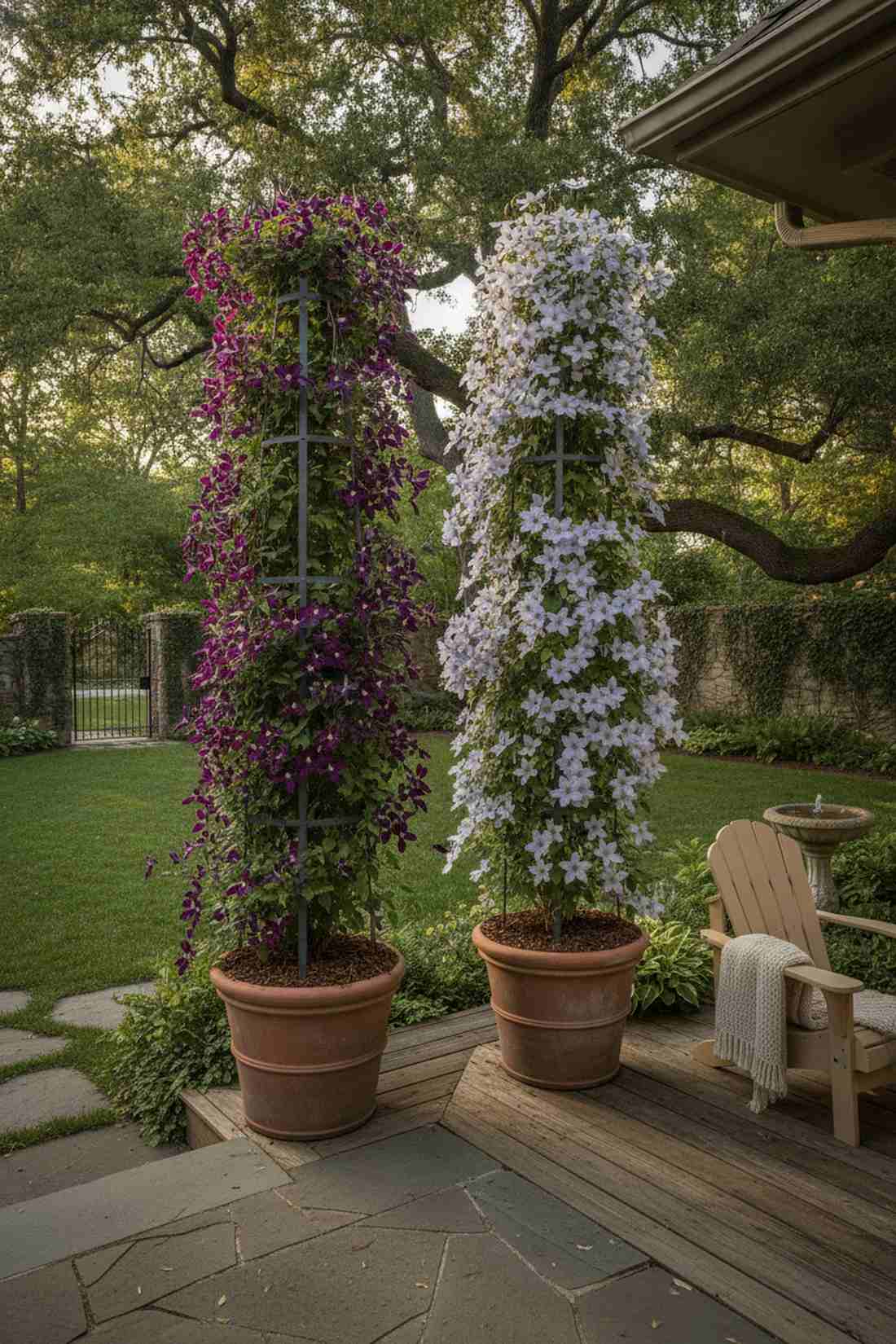 clematis with obelisk structures